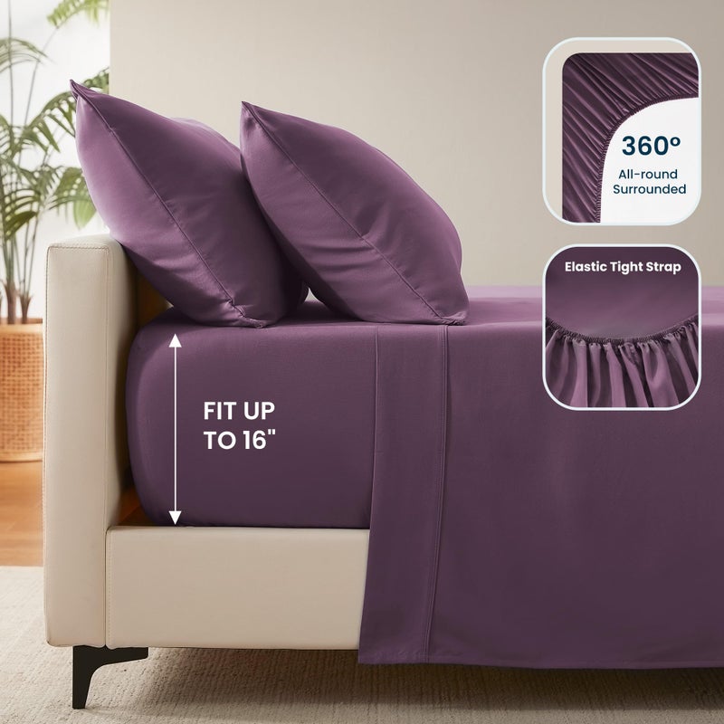 SLEEP ZONE Nanotex Super Soft Cooling Full Size Bed Sheets Set 4 Piece - Easy Care Fitted Flat Sheet & Pillowcase Sets - Wrinkle Free, Fade Resistant, Deep Pocket 16" (Purple, Full) - Image 5